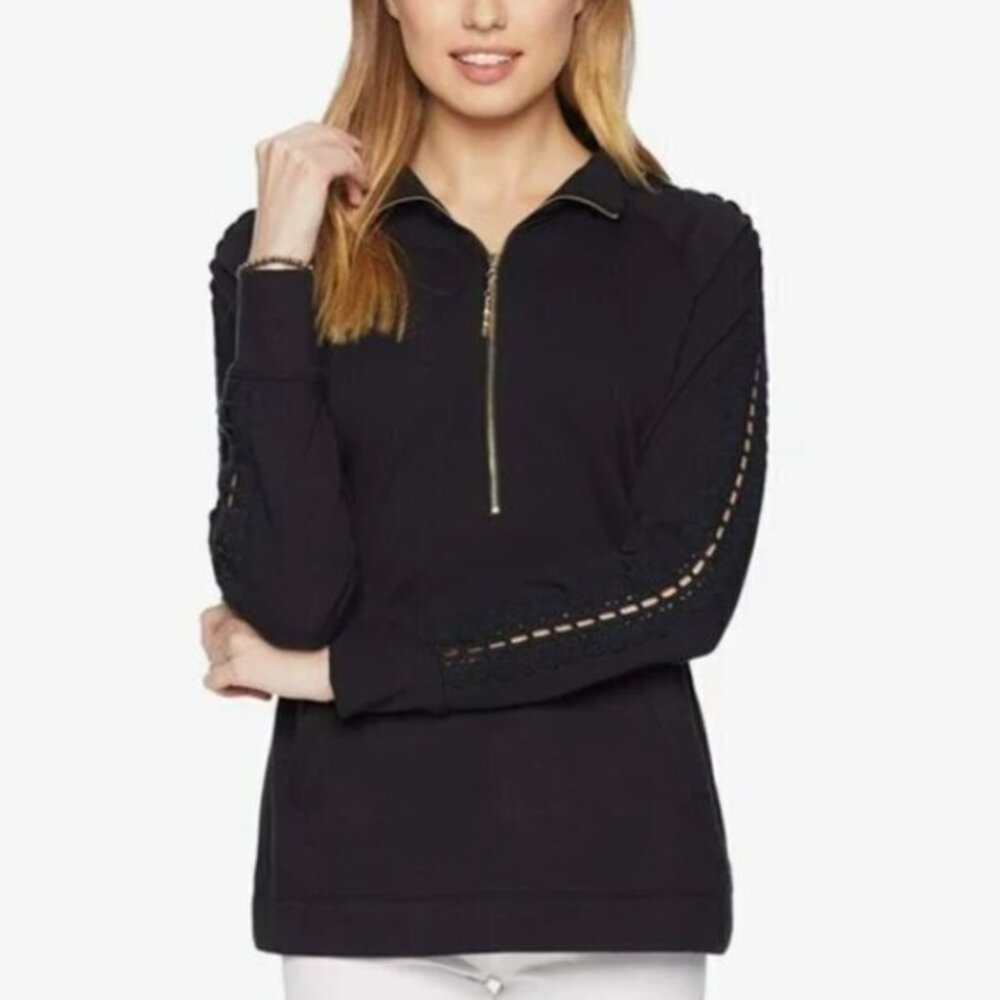 Lilly Pulitzer Skipper Popover Onyx Black Lace Sleeve Quarter Zip Top Size Small